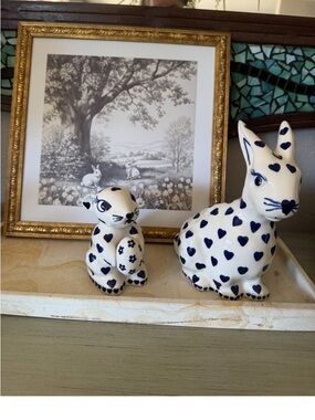 White Ceramic Bunny Figurines with Blue Heart Accents